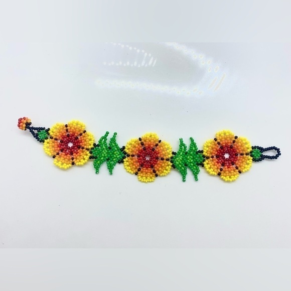 Jewelry - Mexican Artisan Handmade Ny Huicholes Beaded Floral Cuff Bracelet